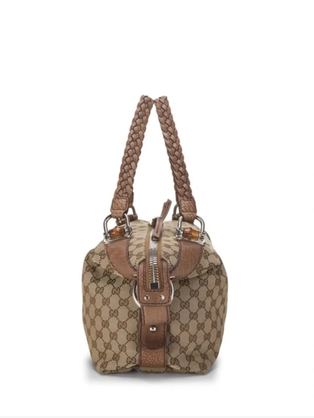 Vintage Gucci Bamboo Brown Beige GG Canvas Braided Handle Shoulder Bag